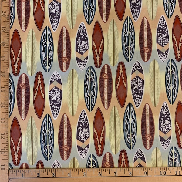 Surfboards Cotton Fabric BTY Brown Beige By the Yard OOP Longboard Surfing Shamash & Sons HTF Rare Beach Summer Water Sports Waves Unique