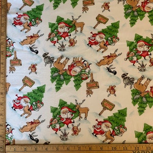 Christmas Santa Claus Reindeer Auditions Cotton Fabric BTY Xmas Holiday Moose Bears Raccoons Dogs Birds Snow RARE Hard to Find Sewing Quilt