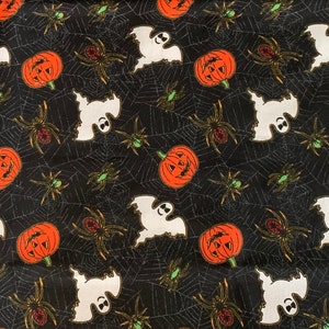 Halloween Ghosts Pumpkins Spiders Webs Cotton Fabric 1 yard Scary Jack O Lanterns Black Orange Bugs
