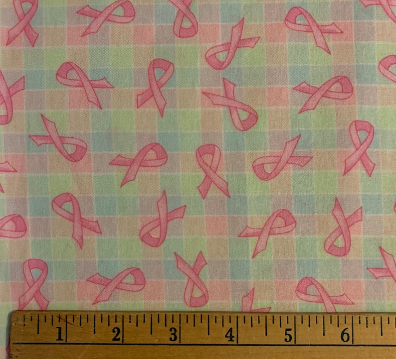 Plaid Breast Cancer Cotton Fabric 1 3/4 Yards X 44 Pink Ribbons
