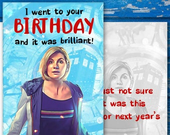 Funny Doctor Who Birthday Card featuring Jodie Whittaker, 13th Doctor.