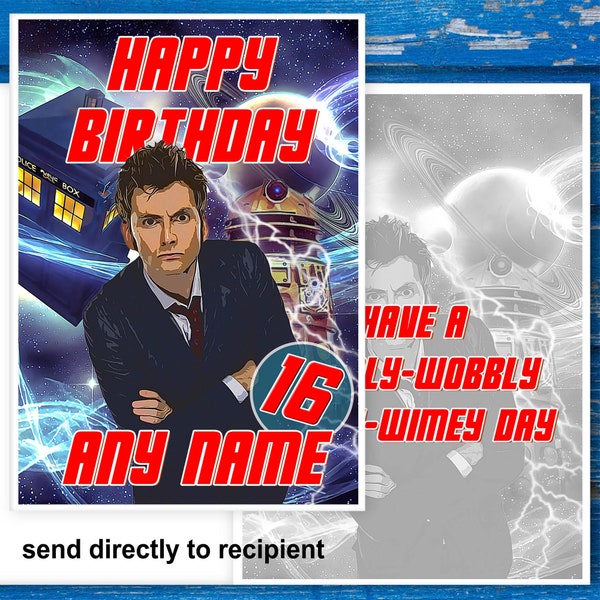 Doctor Who, 10th and 14th Doctor David Tennant, Birthday Card. Personalise Name + Age.