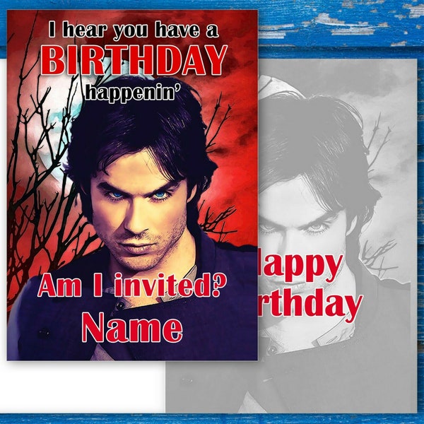 Vampire Diaries Birthday Card featuring Damon Salvatore. Personalise with Name.