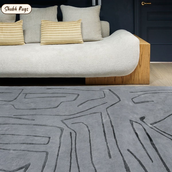 Modern Luxury Rock Grey Wool Hand Tufted Designer Wool Tuft Rug 3x5 5X8 8X10 9X12 Fine Hand Made Indian Woven Area Rug