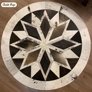 Diamond Pattern Patchwork Cowhide Black Round Rug Handcrafted Round ...