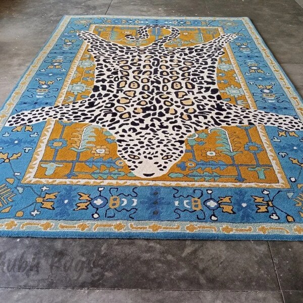 Octavia Leopard Blue Hand Tufted 100 Wool Handmade Area Rug Etsy