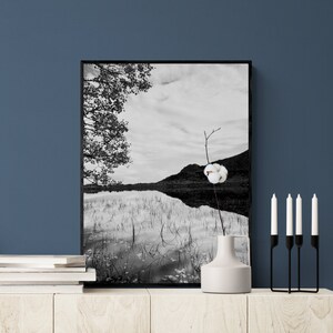 Lake landscape photograpy printable, black and white landscape wall art, Instant download, neutral and tranquil wall decor