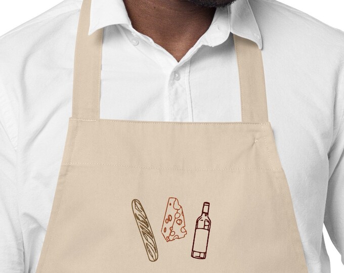 French Food Apéro Apron | Wine Bread Cheese Organic Cotton Apron Gift | Embroidered Foodie Wine Lover Baker Present