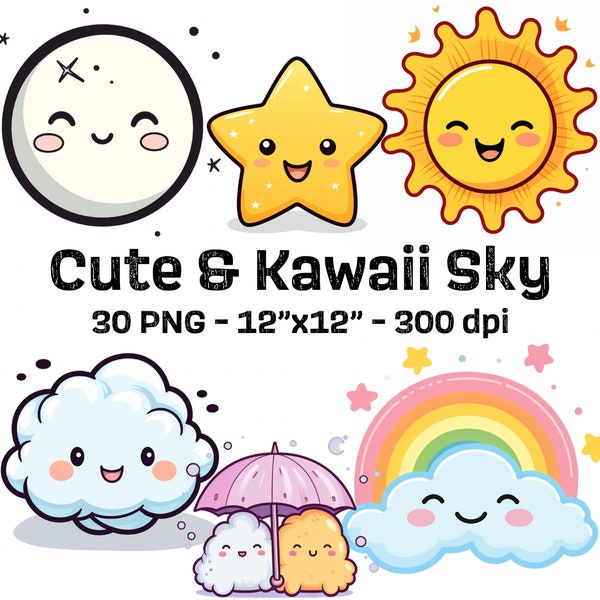 Lindo paquete Kawaii Sky PNG - 30 imágenes prediseñadas de nubes, estrellas, arco iris para pegatinas, fundas de teléfonos, arte de pared, tazas uso comercial Descarga instantánea