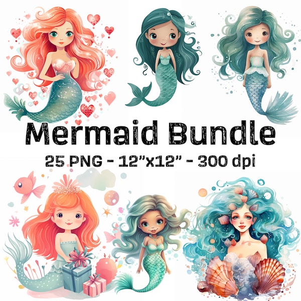 25 Mermaid Clipart Bundle, Mermaid PNG Planner Mermaid Sticker Cute Mermaid birthday mermaid party commerical use digital download