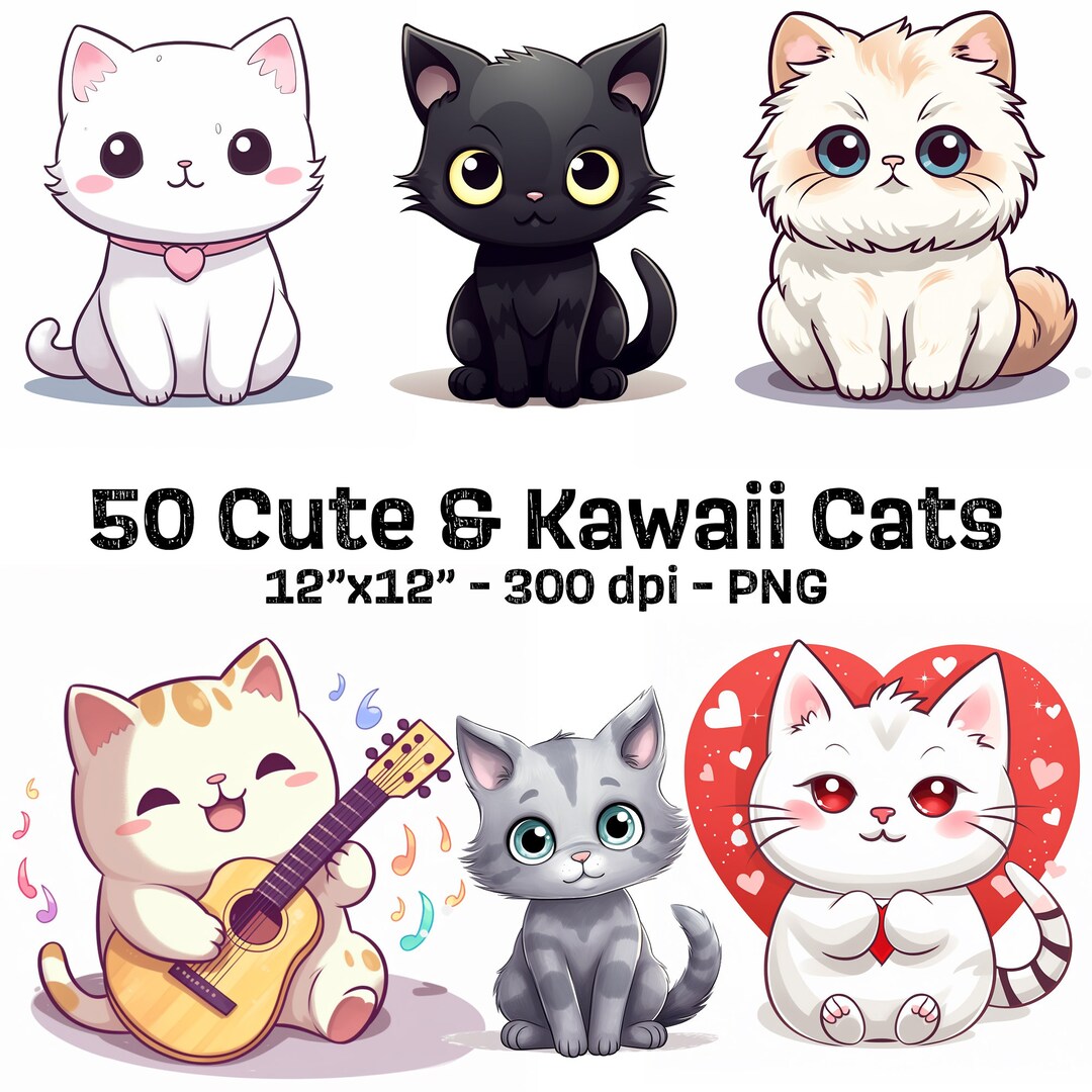 Cute Kawaii Cat Clipart Bundle 50 PNG Designs for Animal Stickers Black