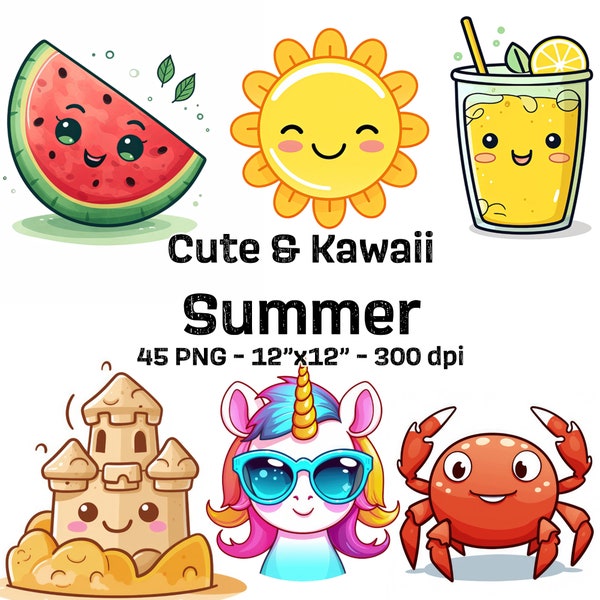 45 Cute Kawaii Summer PNGs - Clipart Bundle for Stickers, Tote Bags, Phone Cases, Wall Art, Sublimation - Instant Download, Commercial Use
