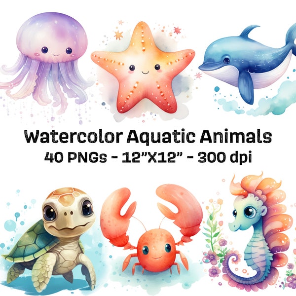 Wassertiere-Aquarell-Clipart-Bundle – 40 niedliche Meeres- und Nautik-PNGs für Babypartys, Meereskinderzimmer, 1. Geburtstag, kommerzielle Nutzung