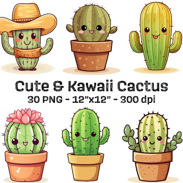 Cute Cactus Clipart Bundle - 30 Kawaii Cacti PNGs for Stickers, Mugs and Sweatshirts featuring Variegated, Totem Pole, Commercial Use