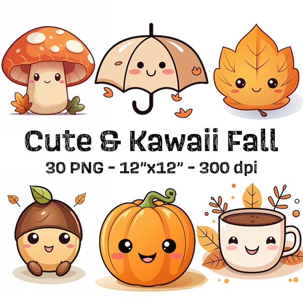 Cute Kawaii Fall Clipart Bundle - 30 PNGs of Coffee, Pumpkin, Tree Art for Autumn Decor, Coffee Lover Gifts, Commercial Use