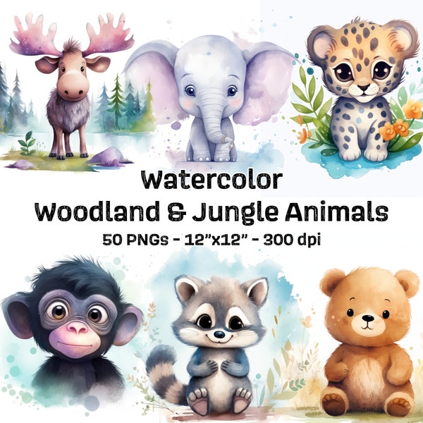 Watercolor Woodland & Jungle Animals Clipart Bundle - 50 Cute PNGs for Nursery Decor, Baby Showers, First Birthdays, Commercial Use