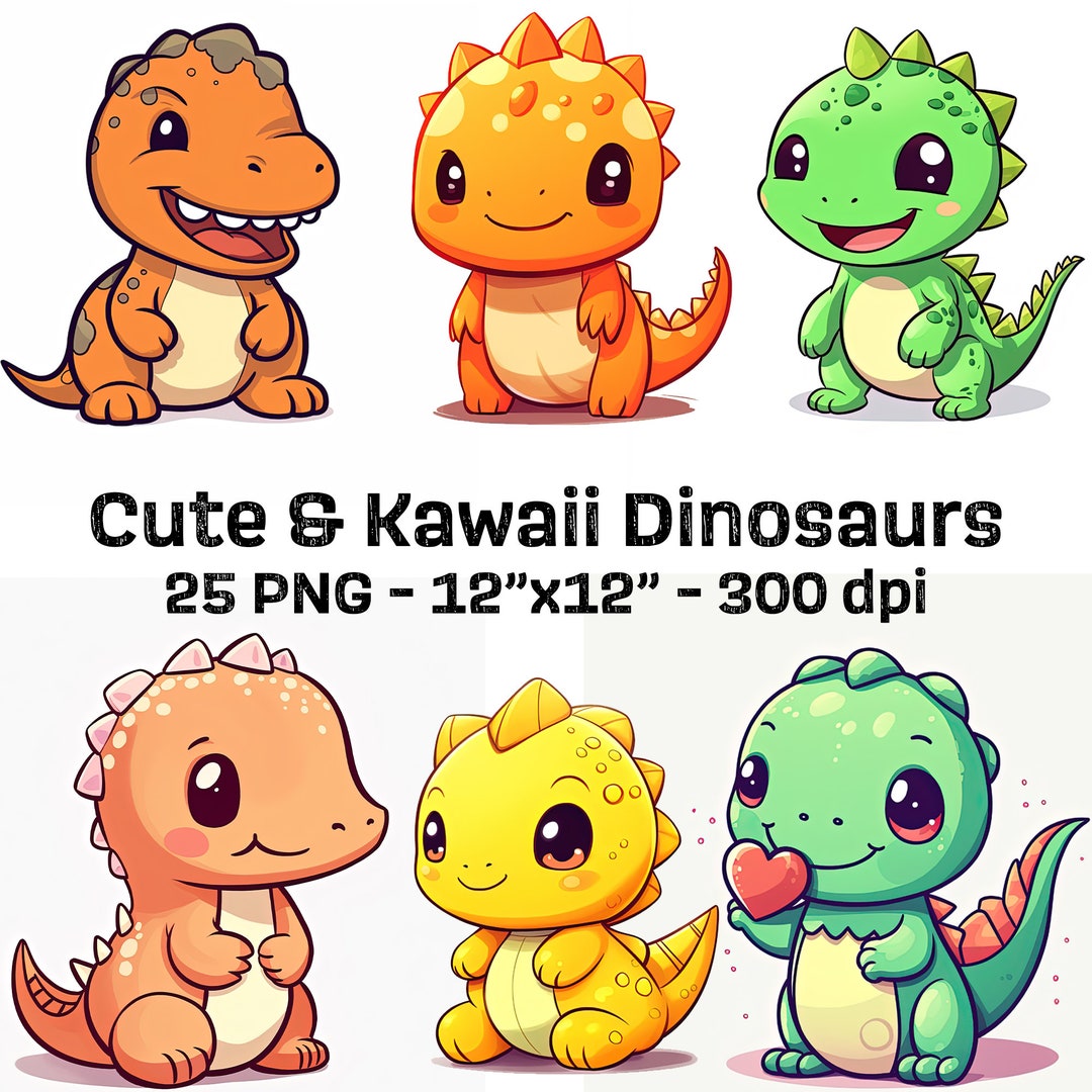 Cute Kawaii Dinosaurs PNG Bundle - 25 Clipart Birthday Party Baby ...