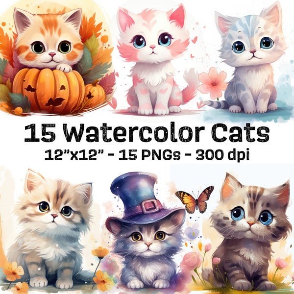 Whimsical Watercolor Cat Clipart Bundle - 15 Cute Cat PNGs for Baby Nursery Decor, Baby Shower, First Birthday, Baby Milestone Cards
