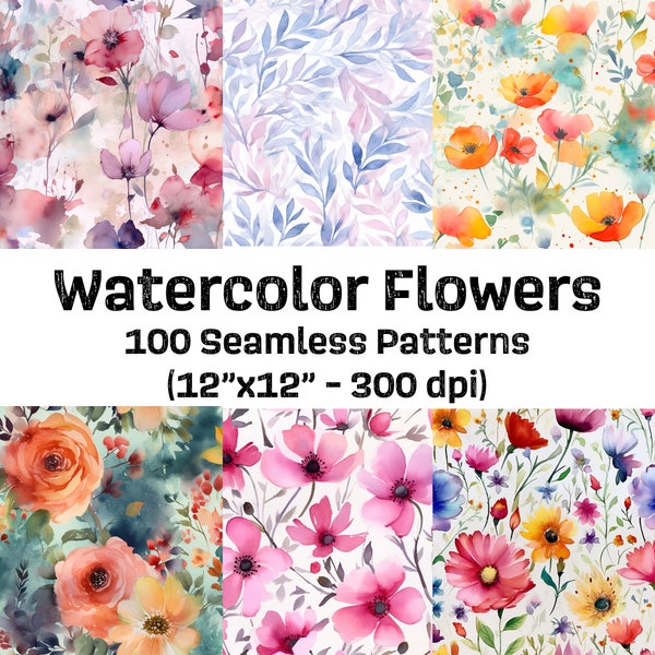 100 Watercolor Flower Seamless Pattern, Watercolor Floral Paper, Flowers Digital Paper, Flowers Collage Sheets, Watercolor Flower Background