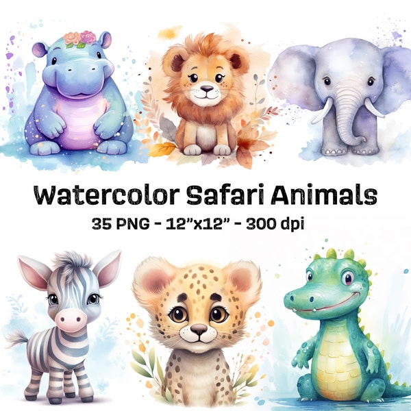 Aquarell-Safari-Tiere-PNG-Bundle – 35 skurrile Baby-Tier-Cliparts für Kinderzimmer-Dekoration, Babyparty, Geburtstag, Sublimation, kommerzielle Nutzung