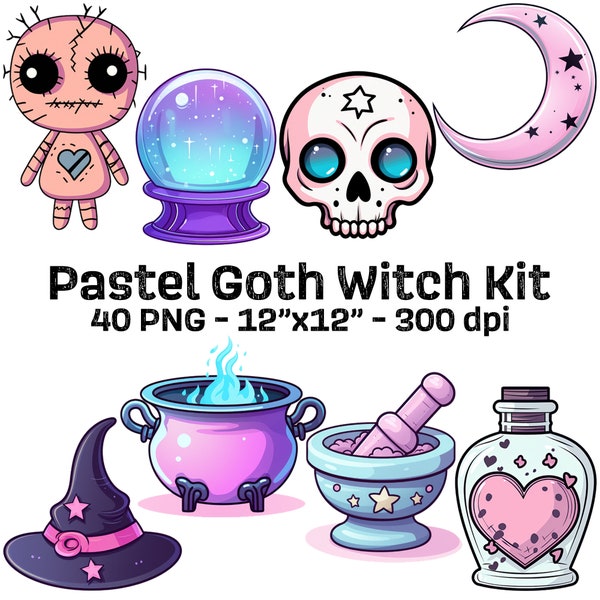 40 Pastel Goth Witch Kit PNG Bundle - Halloween Clipart for Sweaters, Decor, Books, Featuring Witchcraft Essentials, Bats, Potions, and More