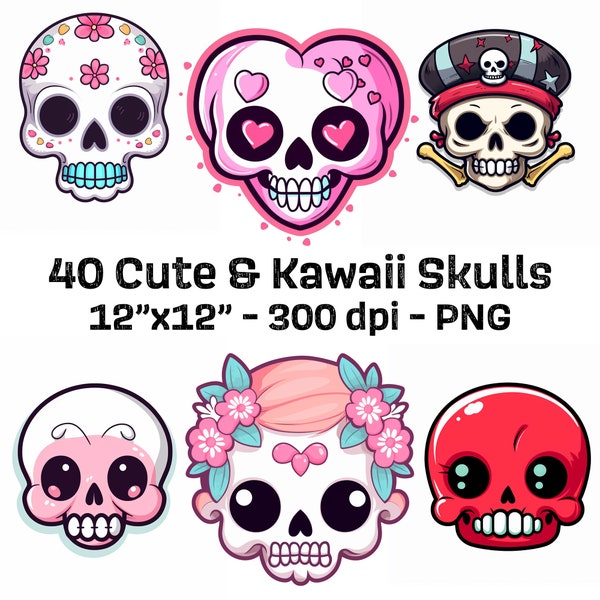 Cute Kawaii Skull Clipart Bundle - 40 PNG Designs for Stickers, Shirts & Phone Cases, Kawaii Sticker Sheet, Sugar Skull Art, Commercial Use