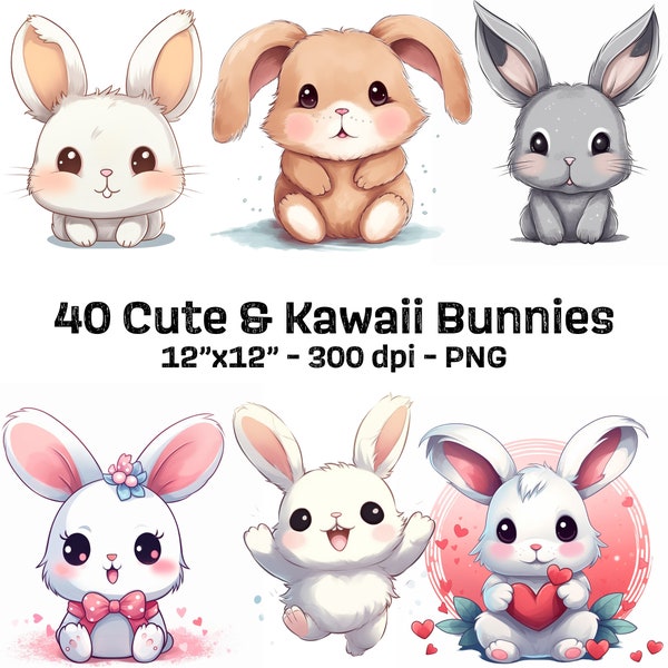 Cute Kawaii Bunny Clipart Bundle - 40 PNG Files of Adorable Bunnies Easter Bunny Stickers Rabbit PNG Designs for Bunny Lovers commercial use