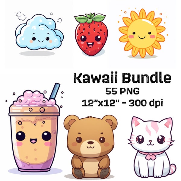 55 Kawaii Clipart Bundle, Cute Kawaii PNG clipart set téléchargement instantané parfait pour les autocollants aux couleurs arc-en-ciel, usage commercial