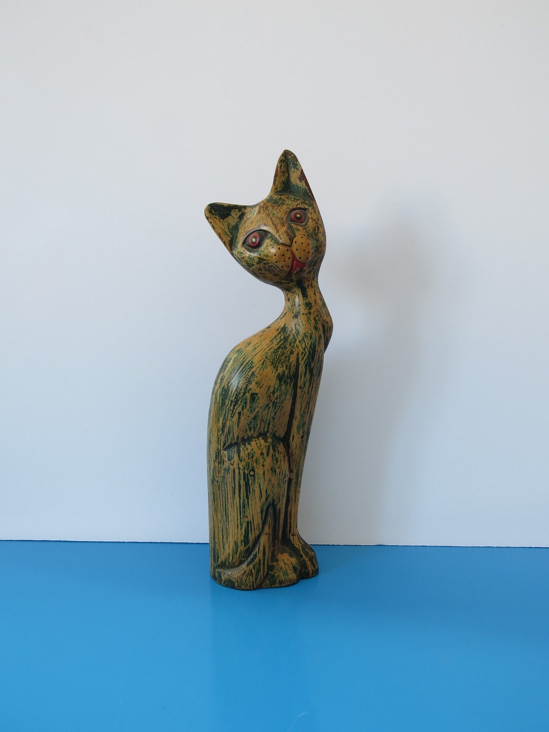 Vintage Wood Cat Figurine Wooden Cat Statue Dark Green Etsy