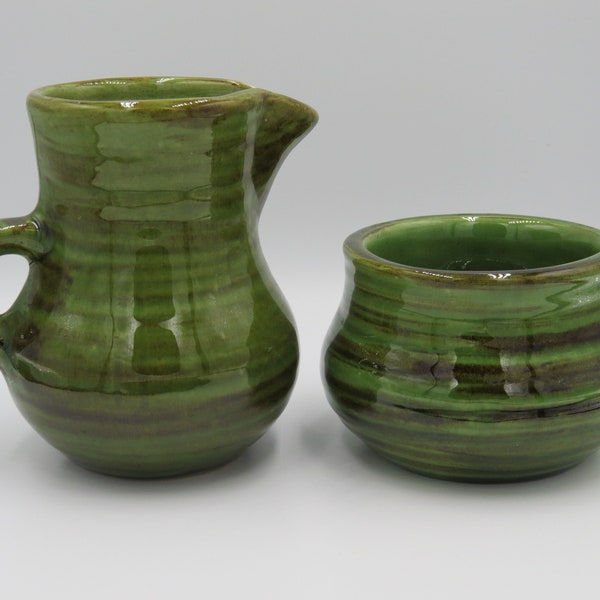 Vintage Laurentian Pottery Creamer and Sugar Bowl Set, Olive Green, Poterie lourde et épaisse, Heavy and Thick, Made in Canada