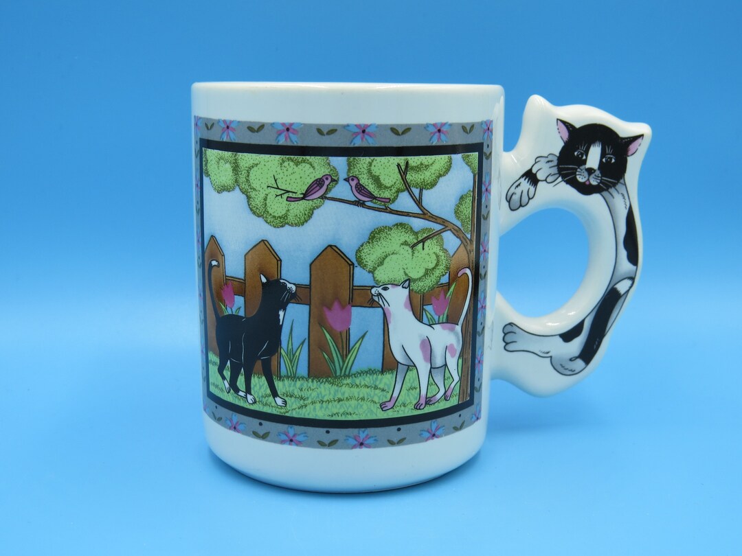 Vintage Cat Mug With Cat Shaped Handle Black Cat White Cat Etsy