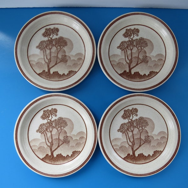 Vintage Homespun Churchill Stonecast Range Dessert or Bread Plates, Brown Tone Tree  Motif Plate Set, Made in England, Set of 4