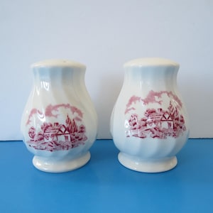Vintage Churchill Tableware Salt and Pepper Shaker Set, The Brook Pink Pattern, Transferware, Rural Scene, Made in United Kingdom