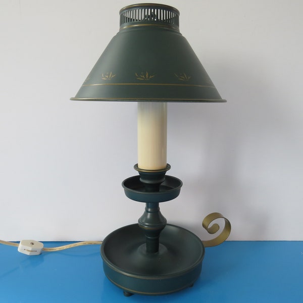 Vintage Toleware Metal Table Lamp with Toleware Metal Shade, Dark Green and Gold