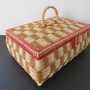 Vintage Sewing Basket Box Woven Pink White Gold With Handle Made in Japan