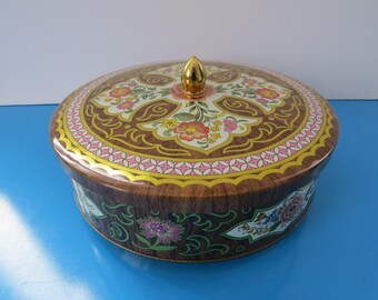 Vintage Daher Tin Box Container, Round, Flowers and Gilding on Wood Pattern, Made in England