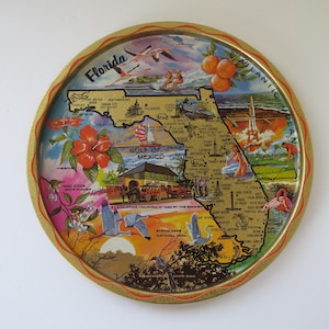 Vintage Florida Souvenir Tin Tray, Colorful on Goldtone Metal, State of Florida Map, Barware, Retro Kitchen, MCM, 1970s, Made in U.S.A.