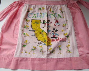 Vintage Disneyland California Half Apron, Walt Disney Productions, Pink, Tinker Bell, Mickey, Donald, Goofy, Jiminy Cricket, Pinocchio, RARE