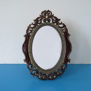 Vintage Enamel and Rhinestone Metal Oval Photo Frame, Tabletop Picture Frame, Antique Goldtone Metal and Reddish Brown Enamel, Back Velvet