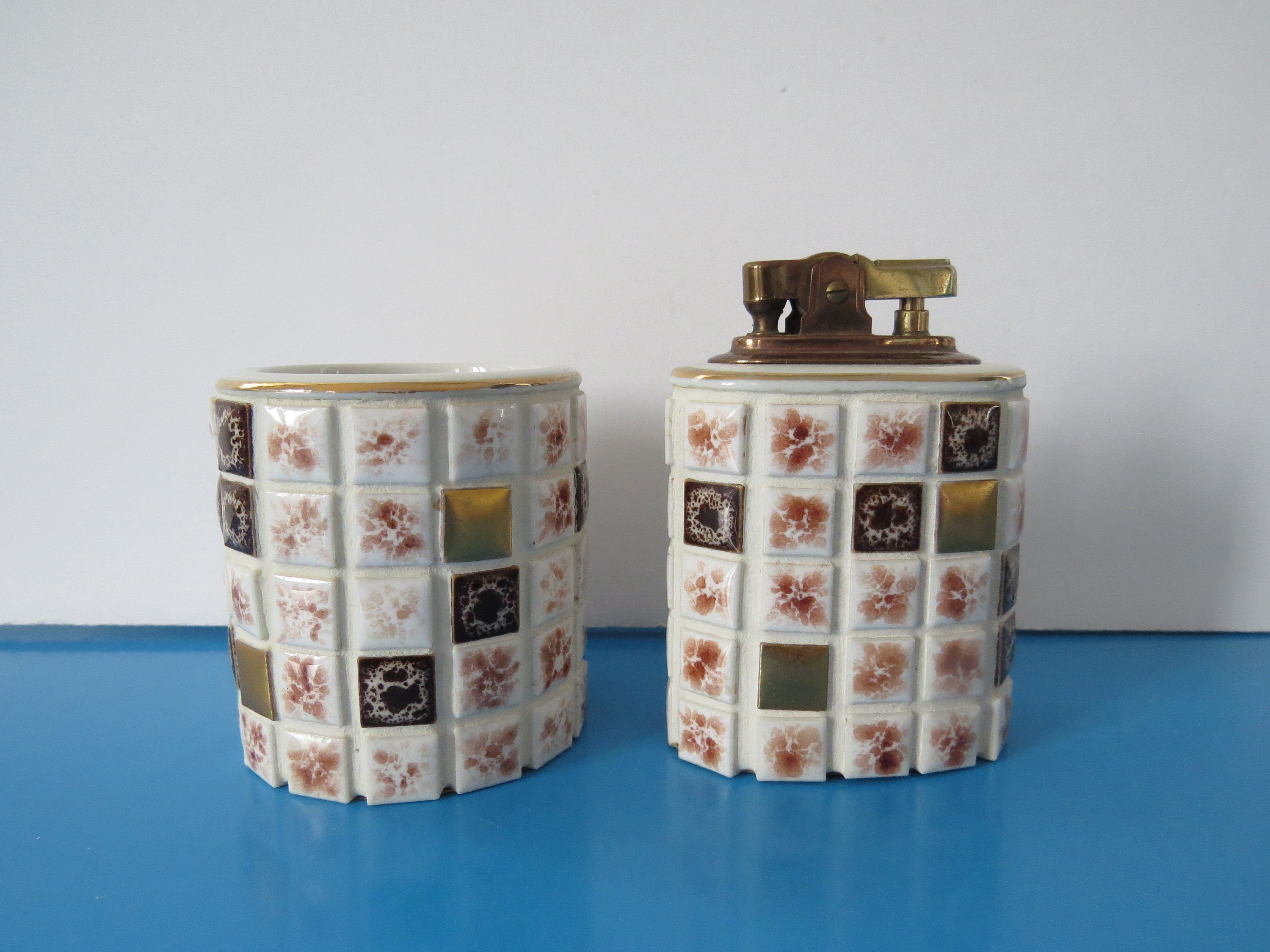 Vintage MCM Mosaic Tile Lighter and Cigarette Holder Set, Brown and Gold on White, 1960s, Made in Japan - Etsy Vintage MCM Mosaic Tile Lighter and Cigarette Holder Set, Brown and Gold on White, 1960s, Made in Japan - Etsy