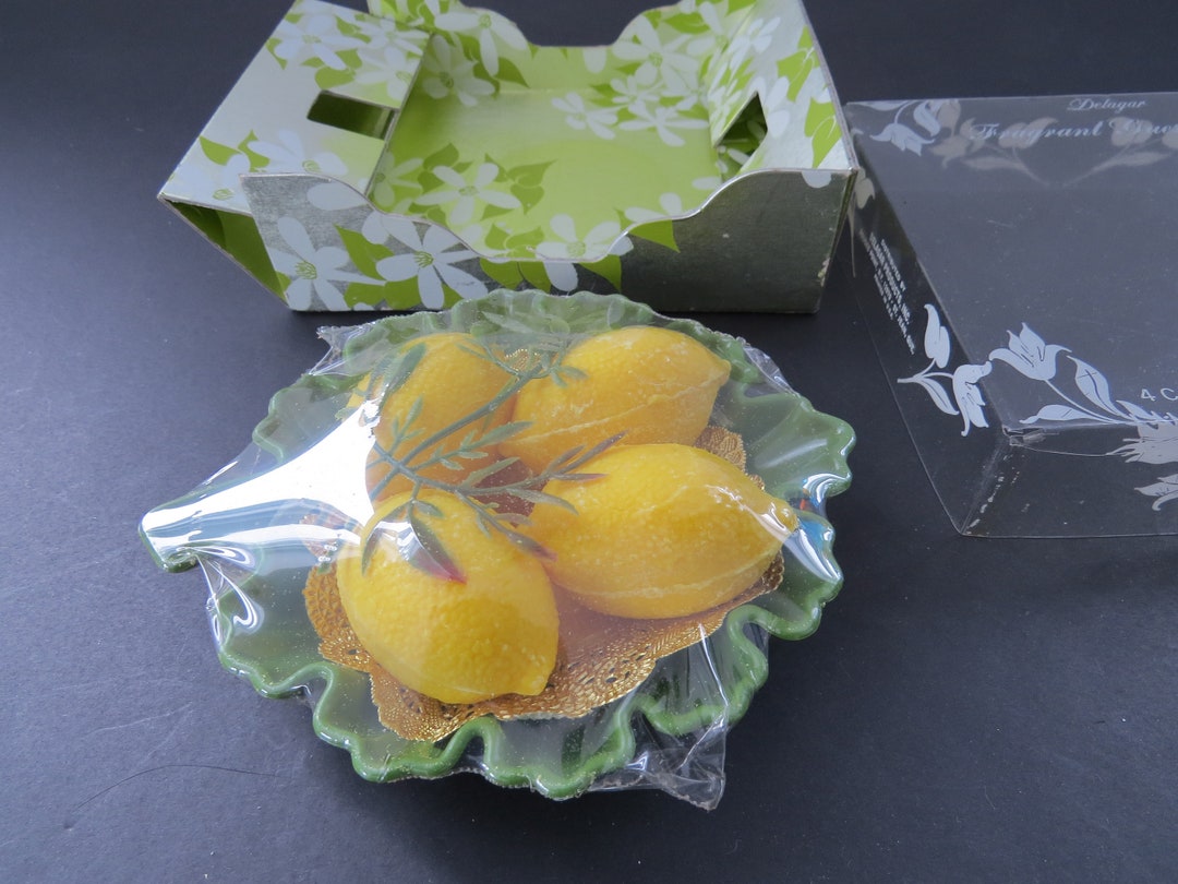 Vintage Lemon Shaped Soap, Fragrant Guest Soaps, Plastic Green Plate