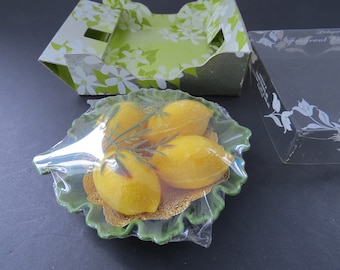Vintage Lemon Shaped Soap, Fragrant Guest Soaps, Plastic Green Plate, Delagar Products, 4 Soaps, 1970s, New in Packaging NIP