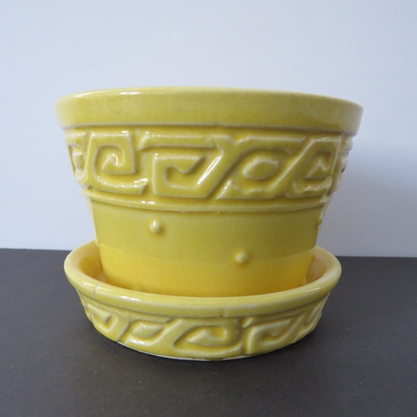 Vintage McCoy Flower Pot, Small McCoy Planter, Yellow Greek Key and Dot, Made in U.S.A.