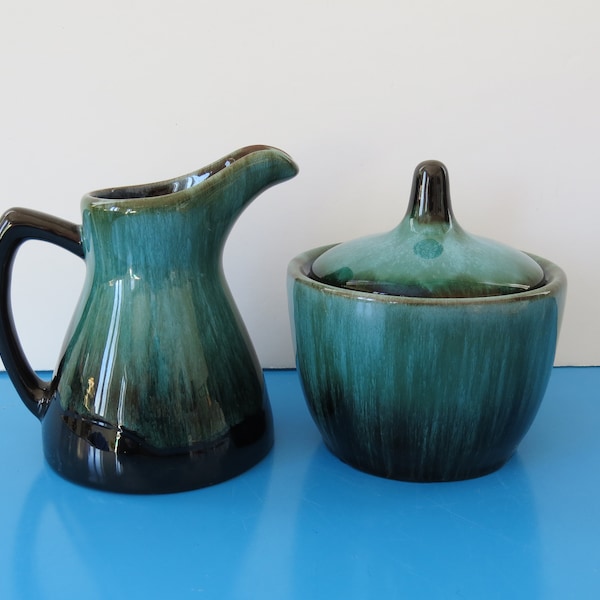 Vintage Blue Mountain Pottery BMP Creamer and Sugar Bowl with Lid, Drip Glaze, Green, Aqua Blue, Black, Made in Canada, Set of 3 pieces