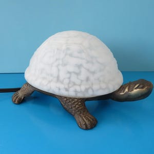 Vintage Turtle Tortoise Night Light Lamp, Antique Golden Metal Base and Textured Clear Frosted and White-marbled Glass Shell, Toggle Switch