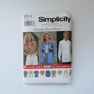 May include: A Simplicity sewing pattern envelope, number 7515, titled Design Your Own. The front displays three photographs of individuals wearing various shirt styles, along with nine illustrated variations of the shirt design at the bottom.