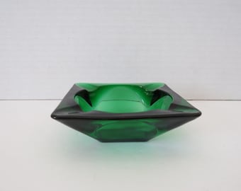 Vintage Forest Green Glass Ashtray, Square, Small, Tobacciana, MCM, Made in USA