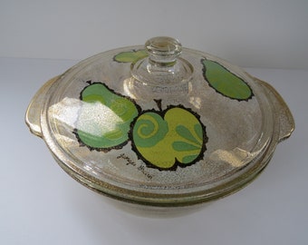 Vintage MCM Georges Briard Fire King Casserole with Lid, 2 QT, Green Pears and Apples, Pear, Apple, Gold Speckled, Made in USA