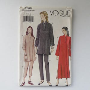 May include: Vintage Vogue Patterns sewing pattern 7369. The pattern features illustrations of three different tunic and pants outfits. The pattern size is 8-10-12. The Vogue Patterns logo is visible in the upper right corner.