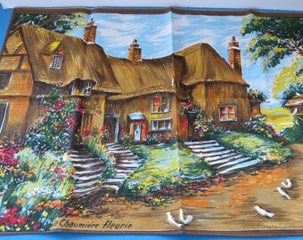 Vintage Tea Towel, Kitchen Towel, The Flowered Cottage, Thatch Cottage, Creation Sonacott Paris, Tourist Souvenir, Made in France